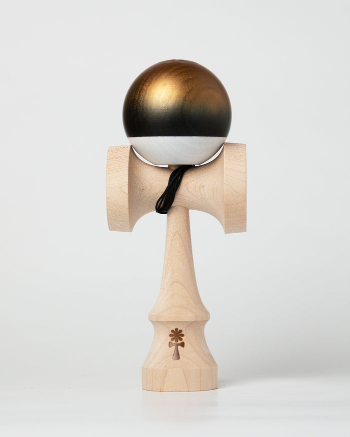 HIGGS x KIN Kendama Setup – Gold – front view on white background